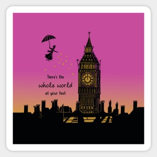 Mary Poppins There's The Whole World at your Feet Pink Sunset Silhouette Linocut Sticker